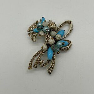 Vintage Coro Pin Brooch With Faux Pearls Faux Turquoise Beads, Floral Bow READ